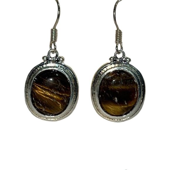 Tiger Eye Dangle Drop Earrings Sterling Silver Plate Statement Classic Work - Picture 1 of 6